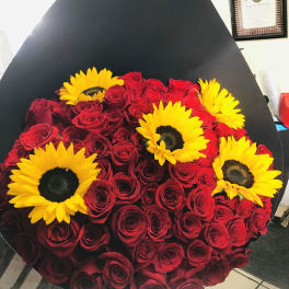 6 Dozen red roses & 5 sunflowers