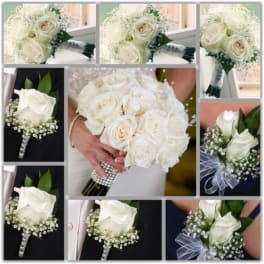 White rose bridal bouquet and boutonnieres with baby's breath