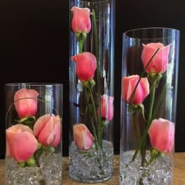 Pink roses arranged in three clear glass cylinder vases