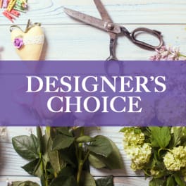 Designer’s choice floral graphic with scissors, ribbon, and flowers