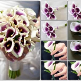 Bride holding a bouquet of white and purple calla lilies