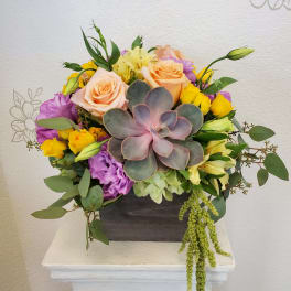 Mixed bouquet with roses, lisianthus, and a succulent in a dark box