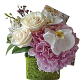 Bouquet of white roses, pink hydrangea, and white orchids in a green wrap