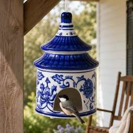 Blue and White Ceramic Birdhouse