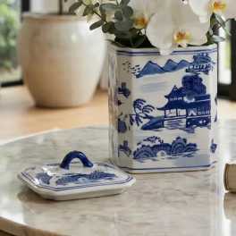 Decorative Jar - Blue Ceramic Rectangular Lidded, 9 in.