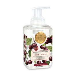 Bottle of dark cherry hand soap with a pump dispenser