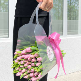 Person holding a clear bag of pink tulips tied with a pink ribbon