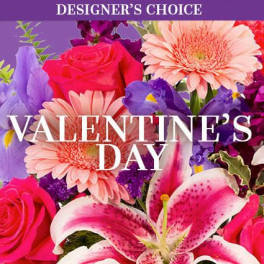 Bright Valentine's Day designer's choice graphic with pink lilies, roses, and gerbera daisies on a purple background