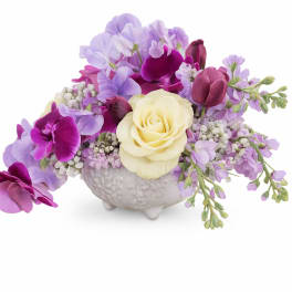 Purple and cream floral arrangement in a white ceramic vase