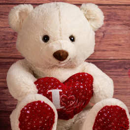 White teddy bear holding a red heart pillow
