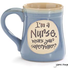 Blue ceramic mug with the text "I'm a Nurse. what's your superpower?"