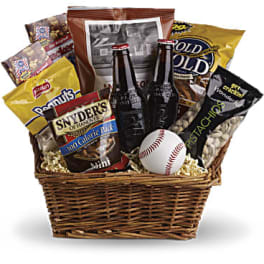 Gift basket with snacks, two beer bottles, and a baseball