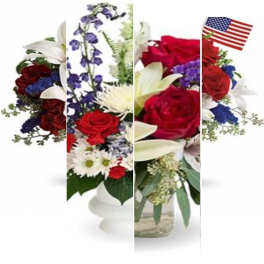 Red, white, and blue floral arrangements with an American flag