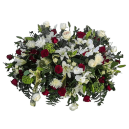 Large bouquet of red and white flowers with dark greenery