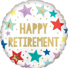 Round foil balloon with stars and the words Happy Retirement