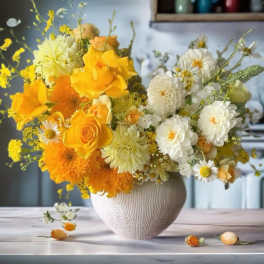 Yellow and white flower arrangement in a textured vase