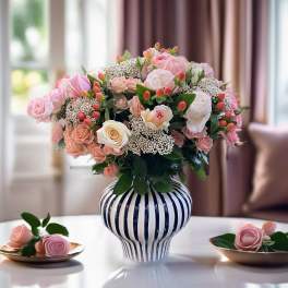 Pink and white rose arrangement in a striped ceramic vase