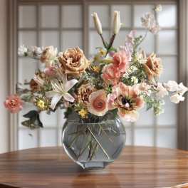 Peach and white mixed flower arrangement in a glass vase