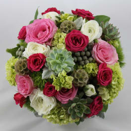 Round bouquet of pink, red, and white roses with succulents