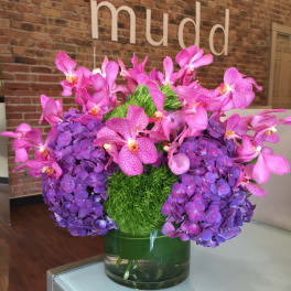 Pink orchids and purple hydrangeas in a glass vase