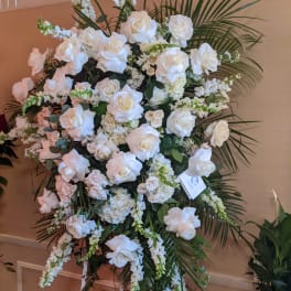 Traditional Rose Easel Spray is huge, and makes a dramatic statement.