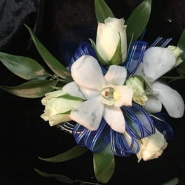 White orchid corsage with blue ribbon on a dark background