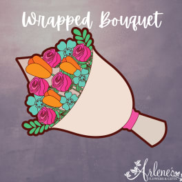 Illustration of a wrapped bouquet with pink roses and orange tulips