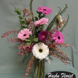 Pink and white gerbera daisies in a clear glass vase