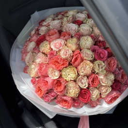Large round bouquet of cream, peach, and pink roses wrapped in white paper with pink ribbons.
