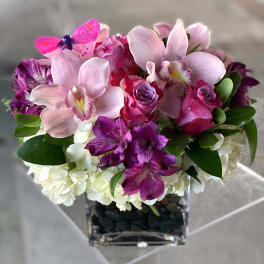 Pink orchids and roses arranged in a square glass vase