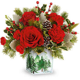 Red roses and carnations in a winter vase with pinecones