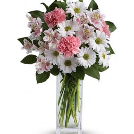 Pink carnations and white daisies in a clear glass vase