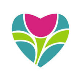 Stylized heart-shaped floral logo in pink, teal, and green on white