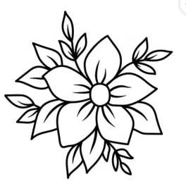 Black line drawing of a flower with leaves on a white background