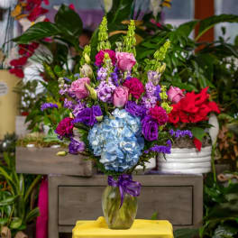 Bouquet of pink and purple flowers with a blue hydrangea in a glass vase