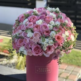 Pink and white roses arranged in a round hatbox