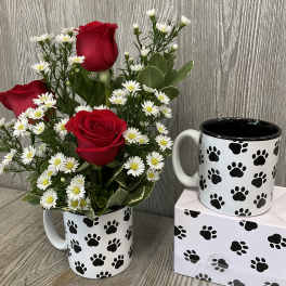 Red roses and white daisy flowers arranged in a paw-print mug