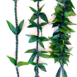 Braided green leaf garlands hanging against a white background