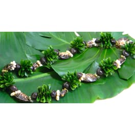 Green leaf lei with shells and dark beads