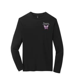 Black long-sleeve shirt with a small butterfly logo and text on the chest