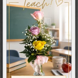 Teacher-themed floral arrangement with pink and yellow roses in a vase