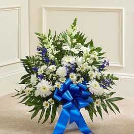 White daisy arrangement with blue ribbon in a container
