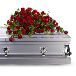 Red rose casket spray on a silver coffin