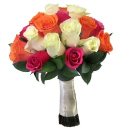 Hand-tied bouquet of orange, white, and pink roses