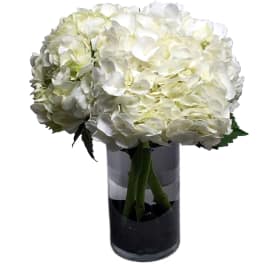White hydrangea bouquet in a dark glass vase