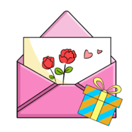 Pink envelope with a card showing red flowers and a gift box