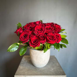 Red roses arranged in a white vase