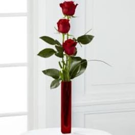 Three red roses in a tall red vase