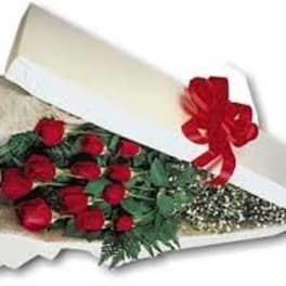 Bouquet of red roses wrapped in white paper with a red ribbon