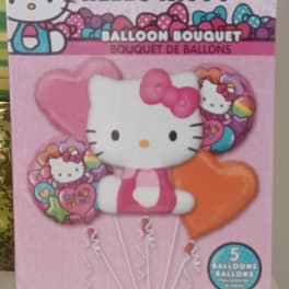 Hello Kitty balloon bouquet package with pink and orange heart balloons